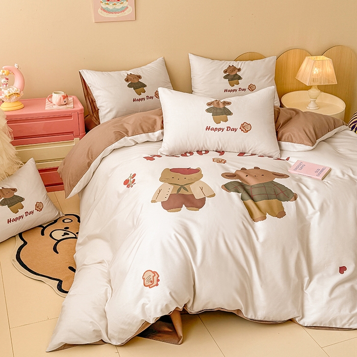 91家纺网 家纺一手货源 找家纺 玉元坊 2025新款全棉纯棉数码印花卡通床单床笠床裙四件套三件套 快乐小熊