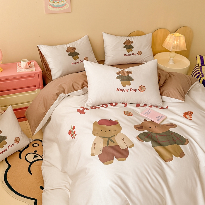 91家纺网 家纺一手货源 找家纺 玉元坊 2025新款全棉纯棉数码印花卡通床单床笠床裙四件套三件套 快乐小熊