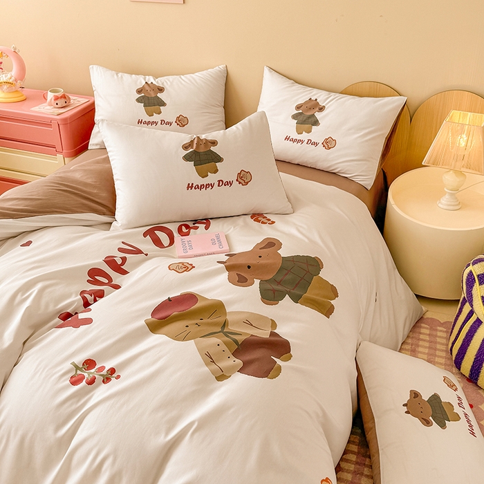 91家纺网 家纺一手货源 找家纺 玉元坊 2025新款全棉纯棉数码印花卡通床单床笠床裙四件套三件套 快乐小熊