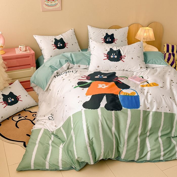 91家纺网 家纺一手货源 找家纺 玉元坊 2025新款全棉纯棉数码印花卡通床单床笠床裙四件套三件套 猫钓鱼