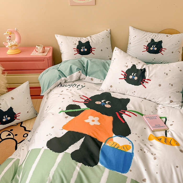 91家纺网 家纺一手货源 找家纺 玉元坊 2025新款全棉纯棉数码印花卡通床单床笠床裙四件套三件套 猫钓鱼