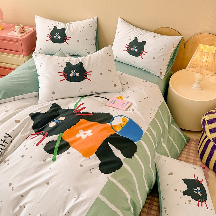 91家纺网 家纺一手货源 找家纺 玉元坊 2025新款全棉纯棉数码印花卡通床单床笠床裙四件套三件套 猫钓鱼