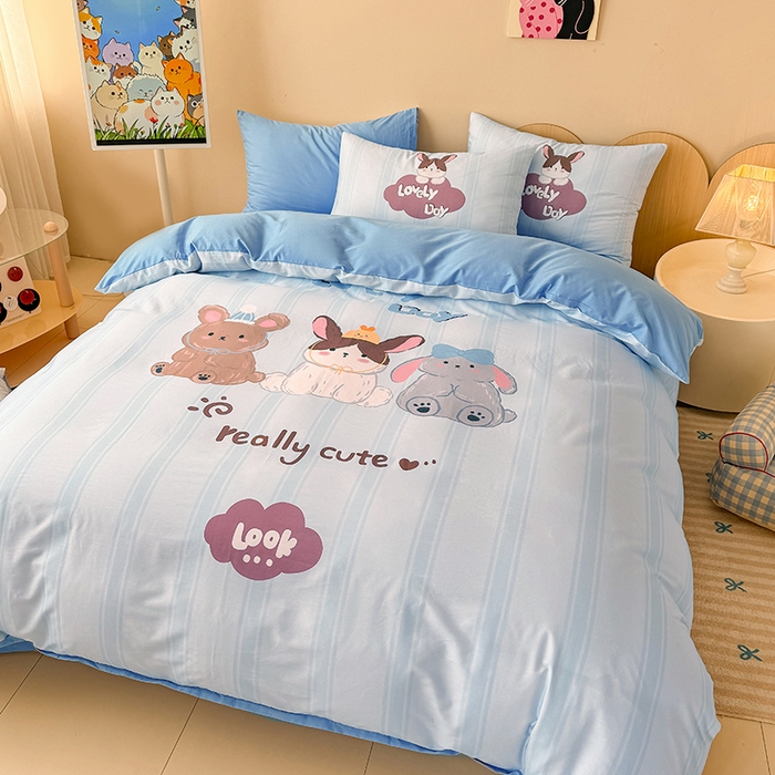 91家纺网 家纺一手货源 找家纺 玉元坊 2025新款全棉纯棉数码印花卡通床单床笠床裙四件套三件套 兔子伙伴