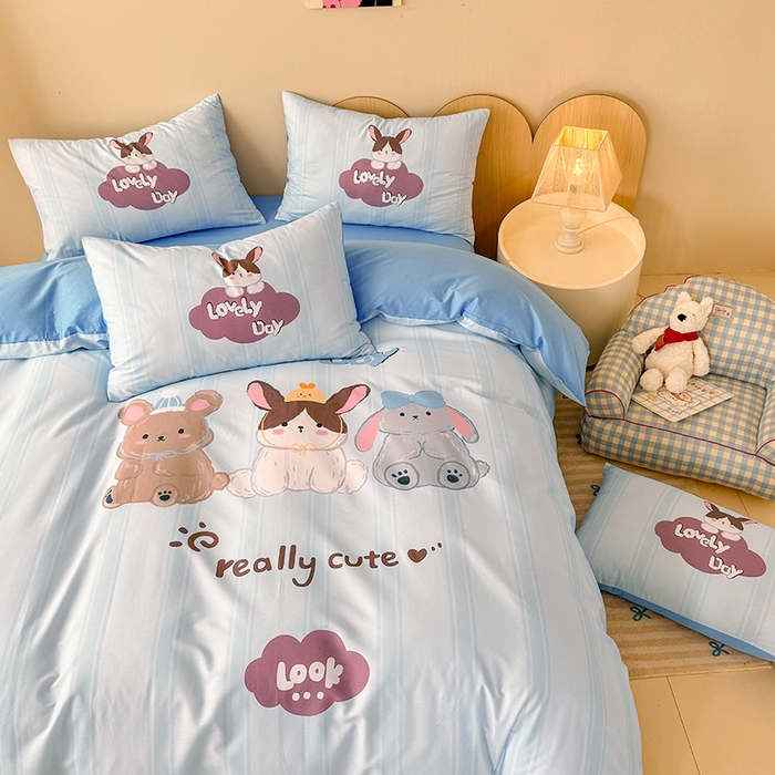 91家纺网 家纺一手货源 找家纺 玉元坊 2025新款全棉纯棉数码印花卡通床单床笠床裙四件套三件套 兔子伙伴