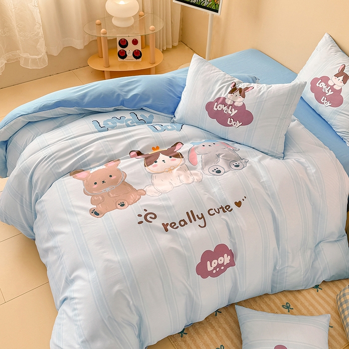 91家纺网 家纺一手货源 找家纺 玉元坊 2025新款全棉纯棉数码印花卡通床单床笠床裙四件套三件套 兔子伙伴