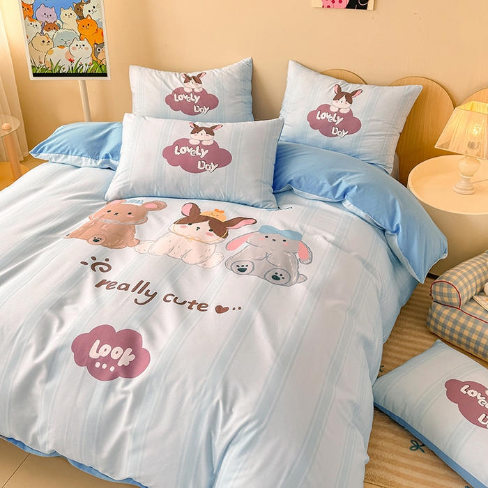 91家纺网 家纺一手货源 找家纺 玉元坊 2025新款全棉纯棉数码印花卡通床单床笠床裙四件套三件套 兔子伙伴