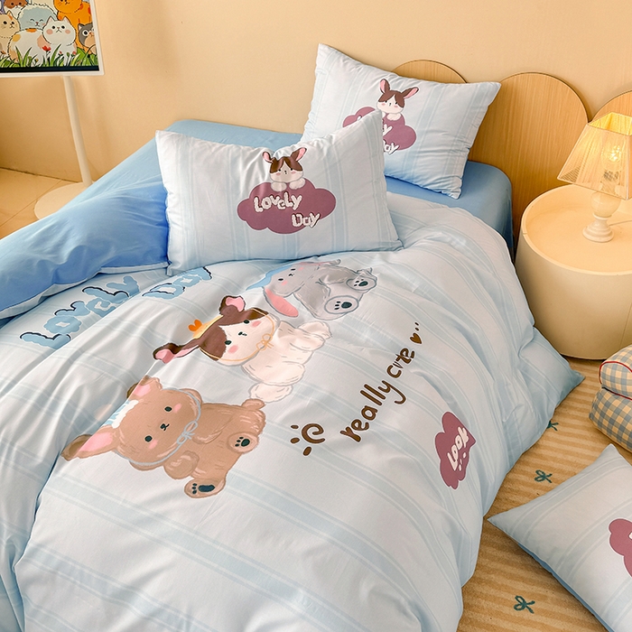 91家纺网 家纺一手货源 找家纺 玉元坊 2025新款全棉纯棉数码印花卡通床单床笠床裙四件套三件套 兔子伙伴