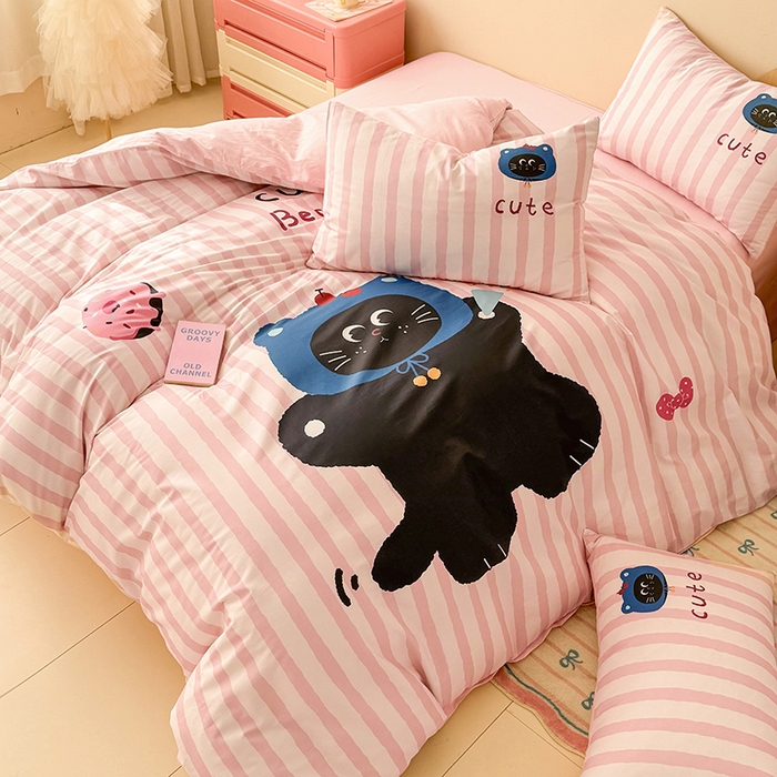 91家纺网 家纺一手货源 找家纺 玉元坊 2025新款全棉纯棉数码印花卡通床单床笠床裙四件套三件套 小黑猫