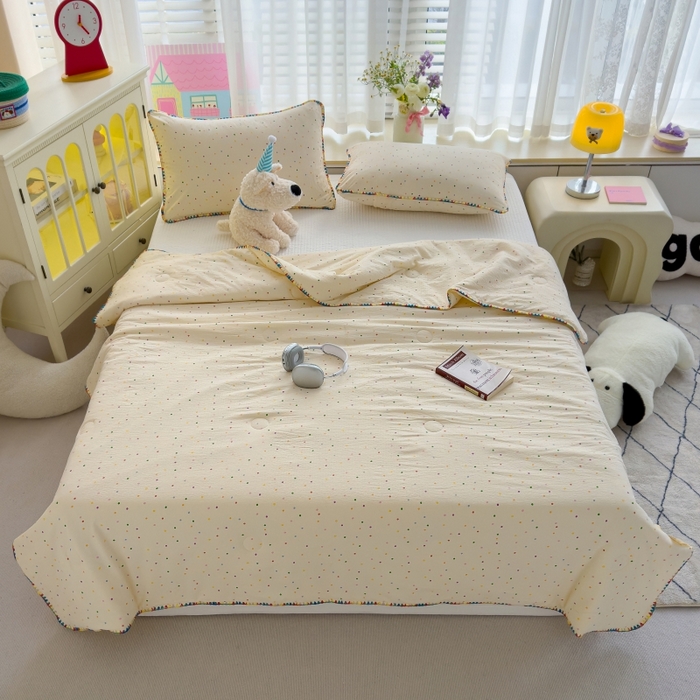 91家纺网 家纺一手货源 找家纺 初念 2025新款云感双层纱抗菌贝壳边夏被被子被芯【提供买家秀】 贝壳边-波点世界