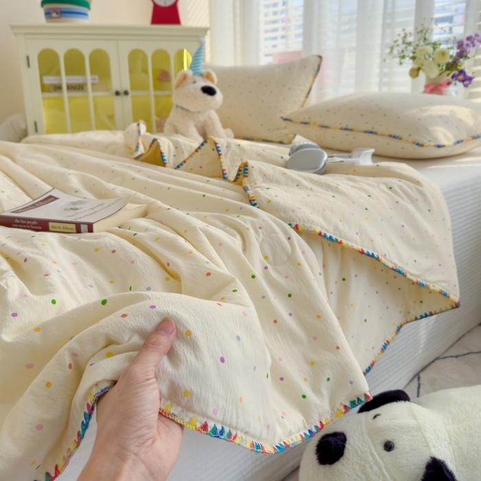 91家纺网 家纺一手货源 找家纺 初念 2025新款云感双层纱抗菌贝壳边夏被被子被芯【提供买家秀】 贝壳边-波点世界