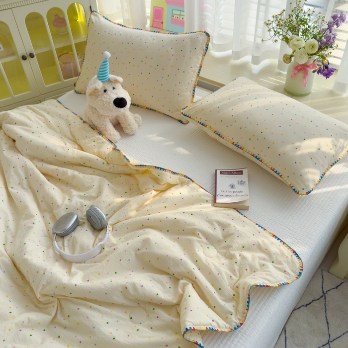 91家纺网 家纺一手货源 找家纺 初念 2025新款云感双层纱抗菌贝壳边夏被被子被芯【提供买家秀】 贝壳边-波点世界
