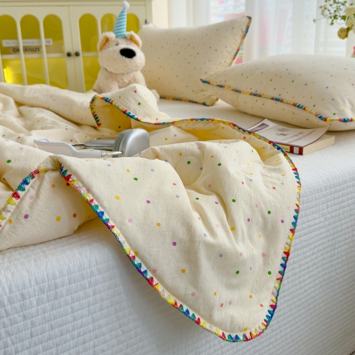 91家纺网 家纺一手货源 找家纺 初念 2025新款云感双层纱抗菌贝壳边夏被被子被芯【提供买家秀】 贝壳边-波点世界