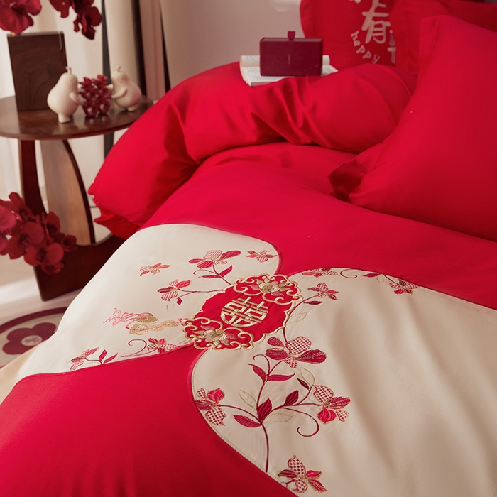 91家纺网 家纺一手货源 找家纺 （总）玉雅家纺 2025新款长绒棉花边款刺绣时尚婚庆四件套