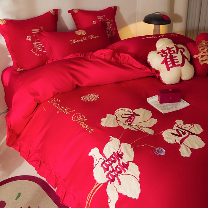 91家纺网 家纺一手货源 找家纺 玉雅家纺 2025新款长绒棉花边款刺绣时尚婚庆四件套 花边款-今喜