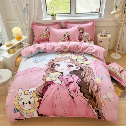 91家纺网 家纺一手货源 找家纺 宝薇家纺2025新款卡通款加厚斜纹磨毛大版四件套 （新花型不断更新中）公主小妹