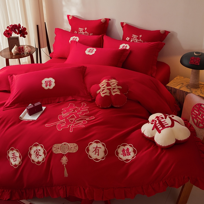 91家纺网 家纺一手货源 找家纺 玉雅家纺 2025新款长绒棉花边款刺绣时尚婚庆四件套 花边款-双喜临门