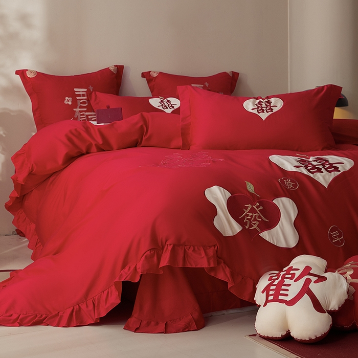 91家纺网 家纺一手货源 找家纺 玉雅家纺 2025新款长绒棉花边款刺绣时尚婚庆四件套 花边款-喜發