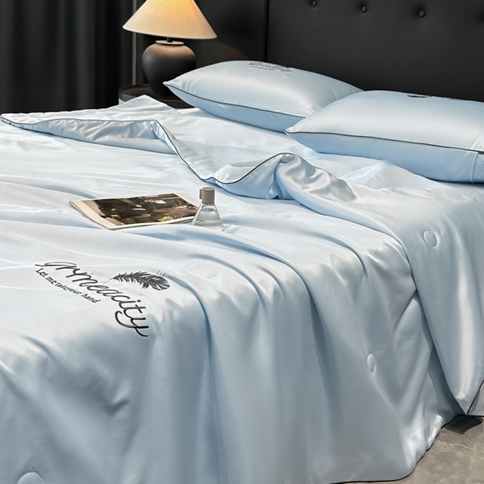 91家纺网 家纺一手货源 找家纺 伊梵居 2025新款水洗真丝刺绣夏被四件套 梦羽-天空蓝