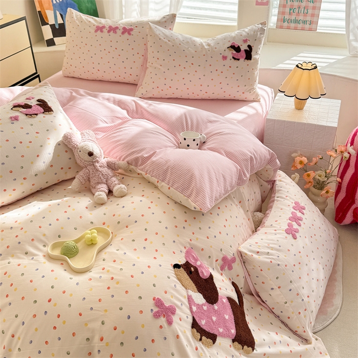 91家纺网 家纺一手货源 找家纺 多品 2025春夏新款水洗棉毛巾绣卡通系列四件套-系列二 心愿狗