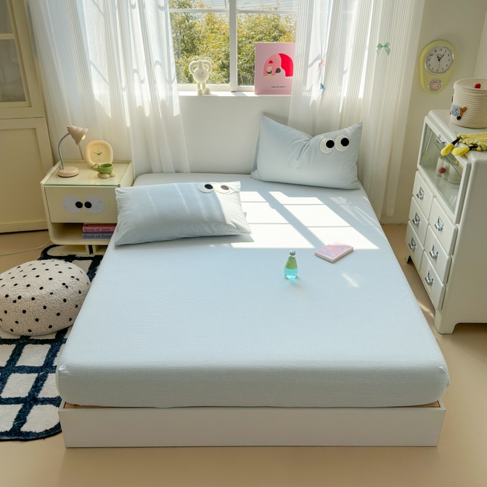 91家纺网 家纺一手货源 找家纺 丽涵家纺 丽涵新品 全棉色织水洗棉单品床笠-床笠三件套 蓝小格