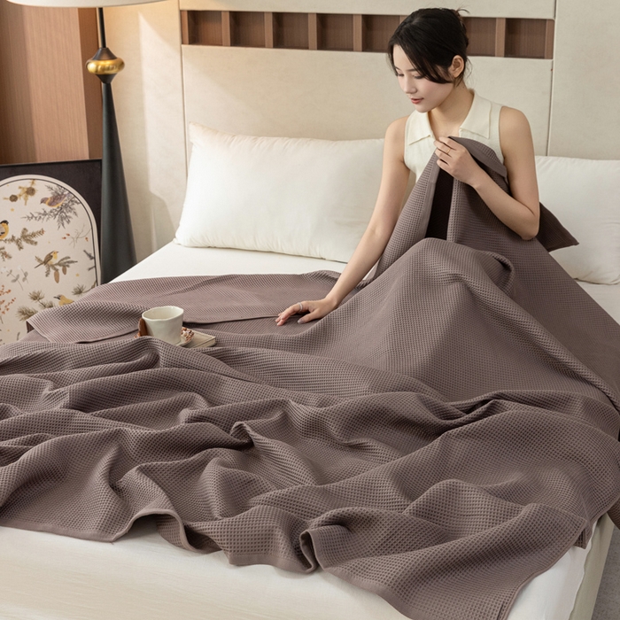 91家纺网 家纺一手货源 找家纺 乐家毛巾被 2025春夏新款日式华夫全棉纯棉毛巾被 华夫格-棕