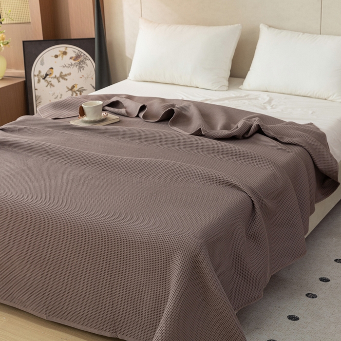 91家纺网 家纺一手货源 找家纺 乐家毛巾被 2025春夏新款日式华夫全棉纯棉毛巾被 华夫格-棕