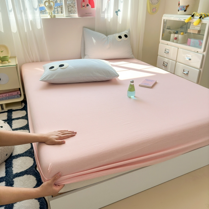 91家纺网 家纺一手货源 找家纺 丽涵家纺 丽涵新品 全棉色织水洗棉单品床笠-床笠三件套 蜜桃粉