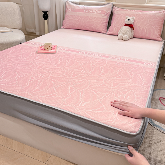 91家纺网 家纺一手货源 找家纺 星座家纺 2025新款复合提花凉感丝凉席三件套床笠款 叶之语-粉 床笠款