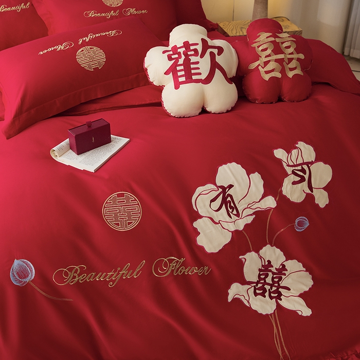 91家纺网 家纺一手货源 找家纺 玉雅家纺 2025新款长绒棉花边款刺绣时尚婚庆四件套 花边款-今喜