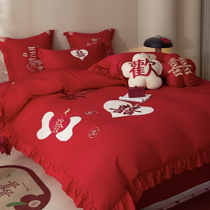 91家纺网 家纺一手货源 找家纺 玉雅家纺 2025新款长绒棉花边款刺绣时尚婚庆四件套 花边款-喜發