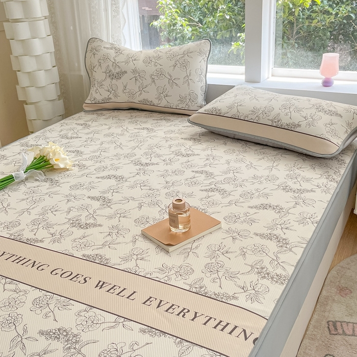 91家纺网 家纺一手货源 找家纺 星座家纺 2025新款复合提花凉感丝凉席三件套床笠款 午后茶花-床笠款