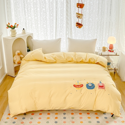 曼町家居 2025春夏新款40支全棉纯棉水洗棉刺绣四件套 哆啦趣梦--奶油黄