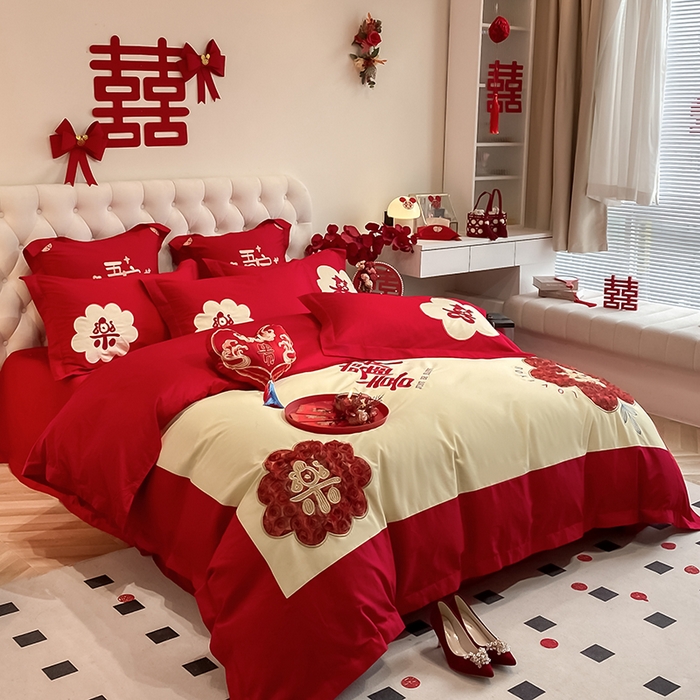 91家纺网 家纺一手货源 找家纺 玉雅家纺 2025新款长绒棉花边款刺绣时尚婚庆四件套 欢喜乐