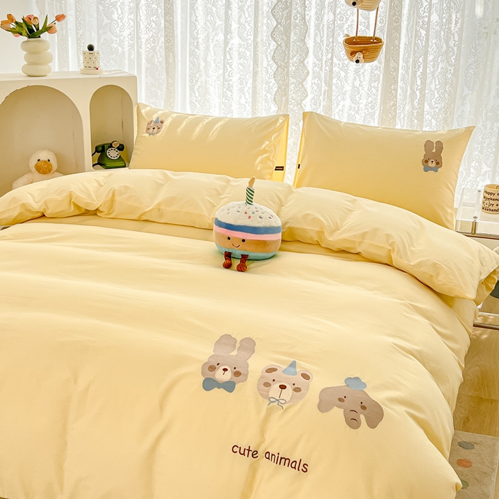 91家纺网 家纺一手货源 找家纺 曼町家居 2025春夏新款40支全棉纯棉水洗棉刺绣四件套 元气星喵-奶油黄