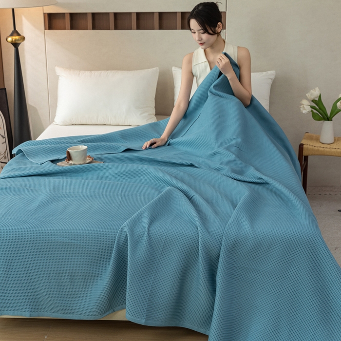 91家纺网 家纺一手货源 找家纺 乐家毛巾被 2025春夏新款日式华夫全棉纯棉毛巾被 华夫格-天蓝