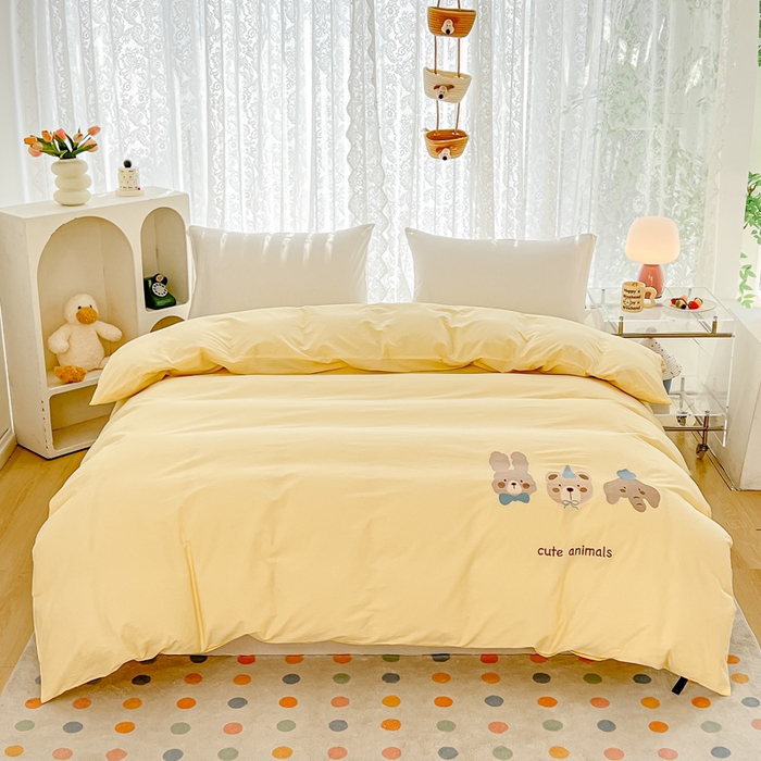 91家纺网 家纺一手货源 找家纺 曼町家居 2025春夏新款40支全棉纯棉水洗棉刺绣四件套 元气星喵-奶油黄