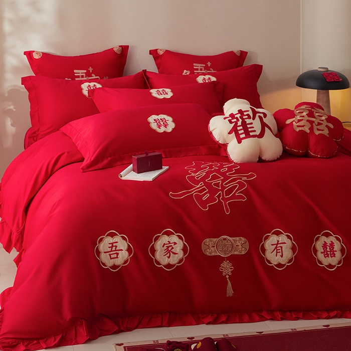 91家纺网 家纺一手货源 找家纺 玉雅家纺 2025新款长绒棉花边款刺绣时尚婚庆四件套 花边款-双喜临门