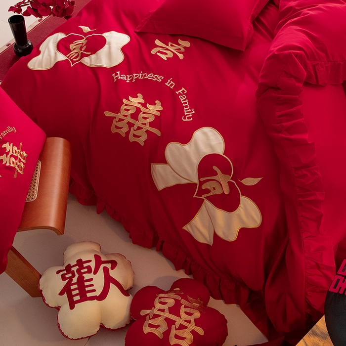 91家纺网 家纺一手货源 找家纺 玉雅家纺 2025新款长绒棉花边款刺绣时尚婚庆四件套 花边款-同心缘-红