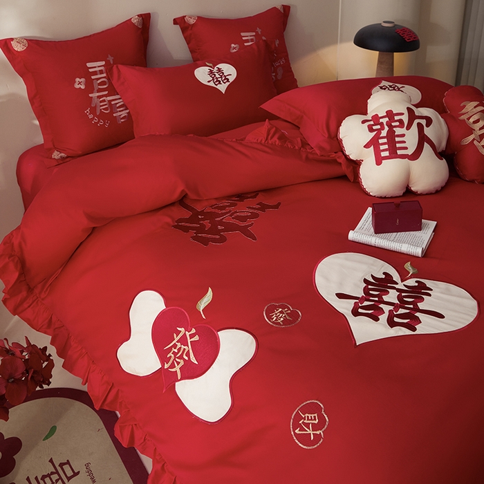 91家纺网 家纺一手货源 找家纺 玉雅家纺 2025新款长绒棉花边款刺绣时尚婚庆四件套 花边款-喜發