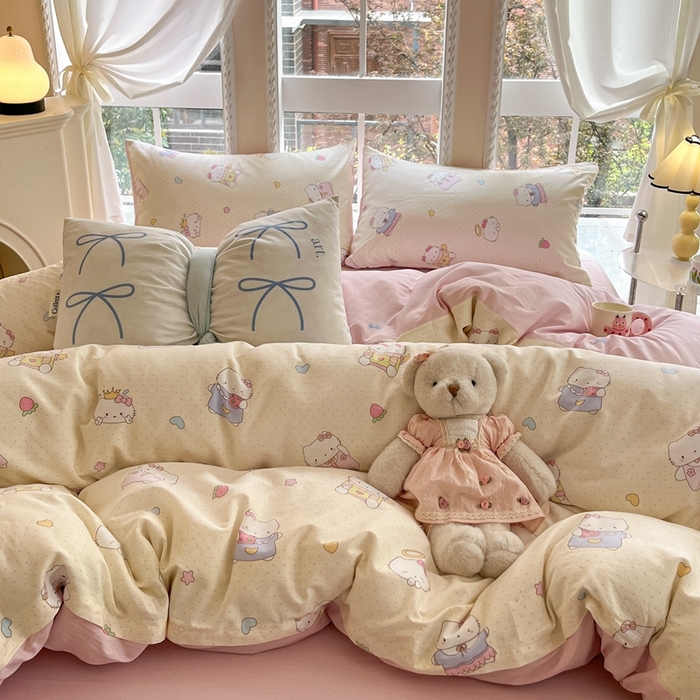 91家纺网 家纺一手货源 找家纺 Sweet dreams甜梦 2025新款全棉印花卡通小清新四件套草莓猫猫