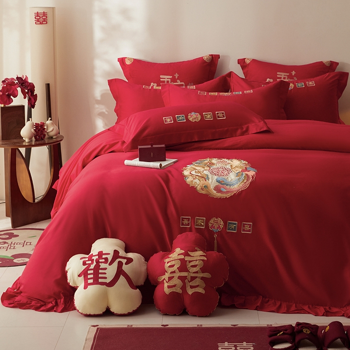 91家纺网 家纺一手货源 找家纺 玉雅家纺 2025新款长绒棉花边款刺绣时尚婚庆四件套 花边款-今世缘