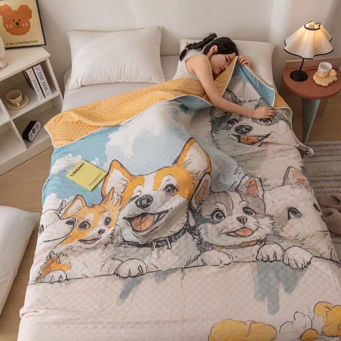 91家纺网 家纺一手货源 找家纺 乐家毛巾被 2025春夏新款全棉纯棉六层大版印花毛巾被 雏菊狗狗