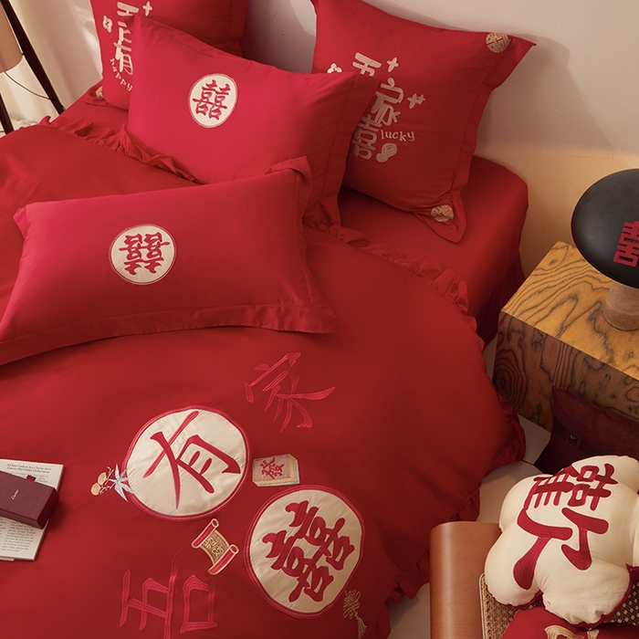 91家纺网 家纺一手货源 找家纺 玉雅家纺 2025新款长绒棉花边款刺绣时尚婚庆四件套 花边款-喜爱