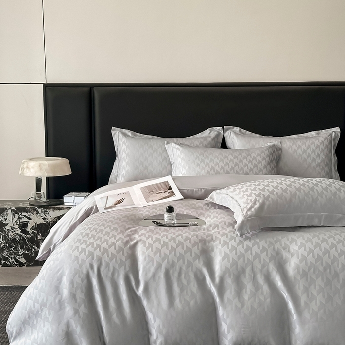 91家纺网 家纺一手货源 找家纺  慕晨 2025新款莱赛尔提花四件套高级简奢款天丝4件套直播热款 贝立雅