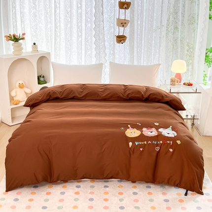 曼町家居 2025春夏新款40支全棉纯棉水洗棉刺绣四件套 萌趣熊抱-复古咖