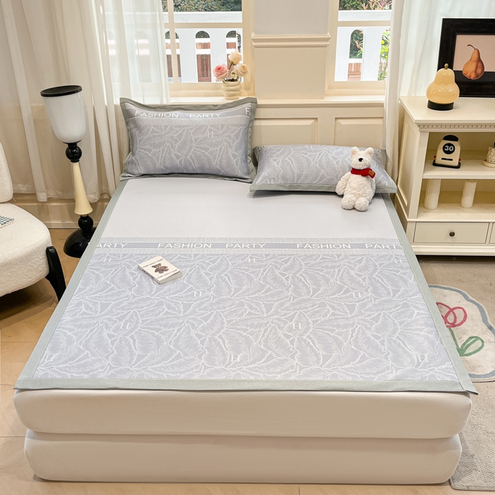 91家纺网 家纺一手货源 找家纺 星座家纺 2025新款复合提花凉感丝凉席三件套平铺款 叶之语-灰