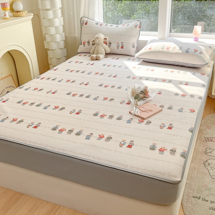 91家纺网 家纺一手货源 找家纺 星座家纺 2025新款复合提花凉感丝凉席三件套床笠款 萌熊印象-床笠款