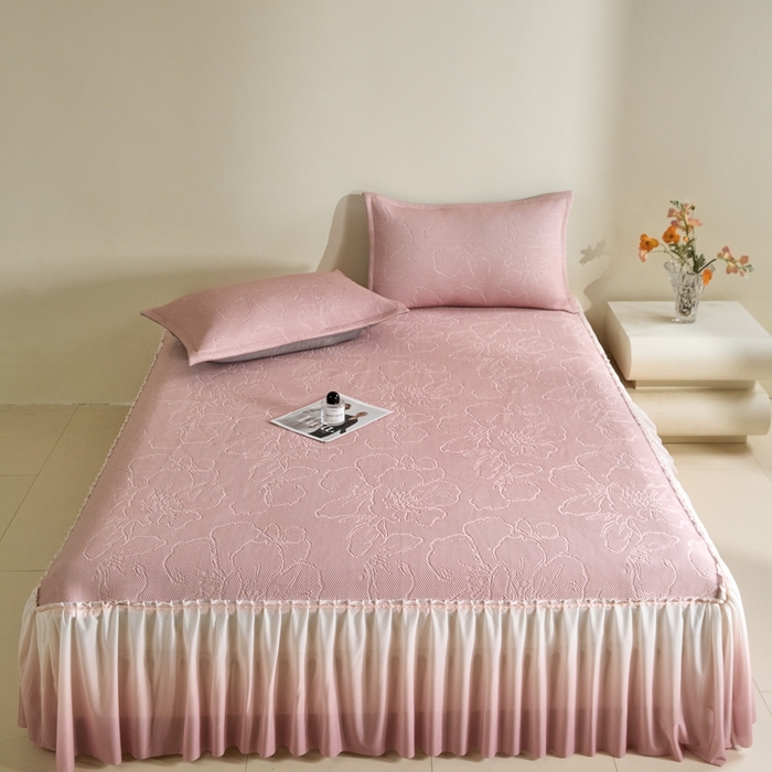 91家纺网 家纺一手货源 找家纺 卡初家居（原微来） 2025新款乙纶冰豆豆渐变色床裙款凉席席子 渐变粉