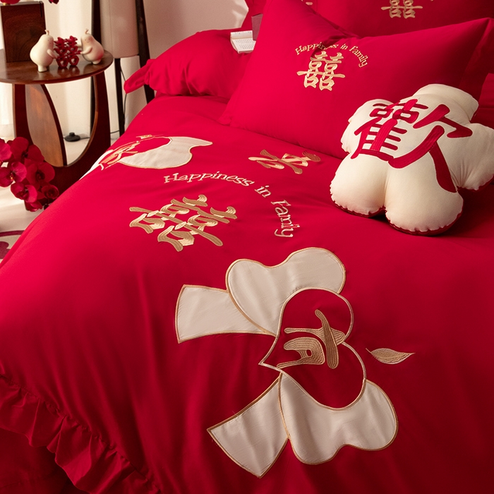 91家纺网 家纺一手货源 找家纺 玉雅家纺 2025新款长绒棉花边款刺绣时尚婚庆四件套 花边款-同心缘-红