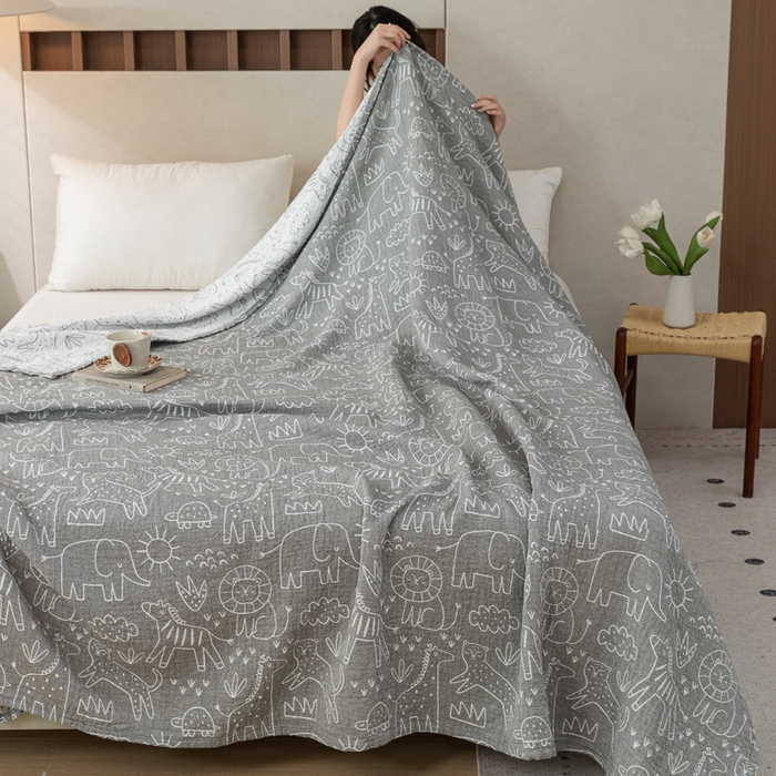 91家纺网 家纺一手货源 找家纺 乐家毛巾被 2025春夏新款三层棉全棉纯棉毛巾被 灰色简笔画